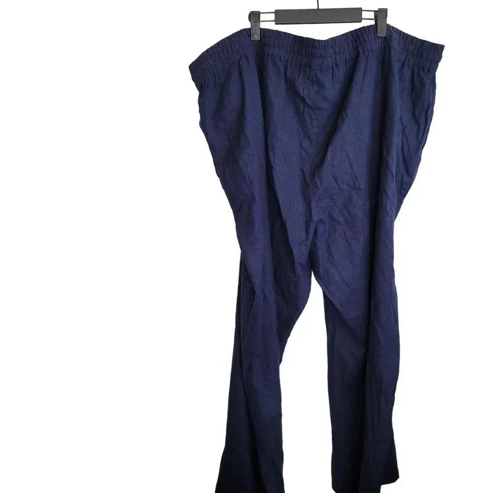 D&Co. Women's Wide Legs Pants Size 4X Blue Solid Linen Comfort Drawstring Pocket